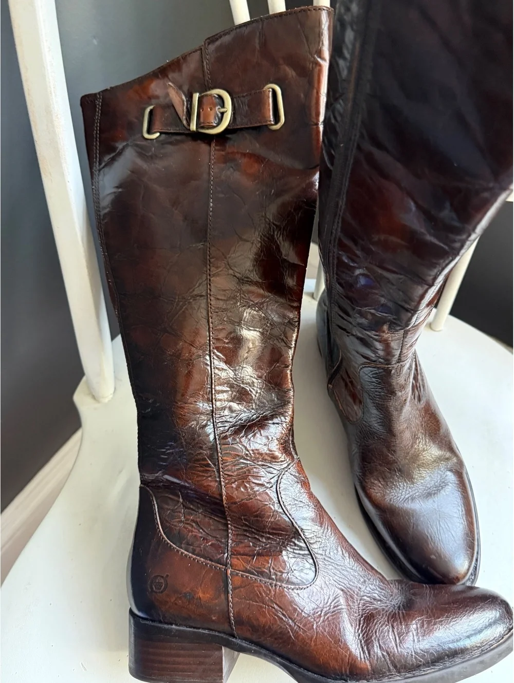 Born Brown Leather Knee-High Riding Boots with Buckle Detail